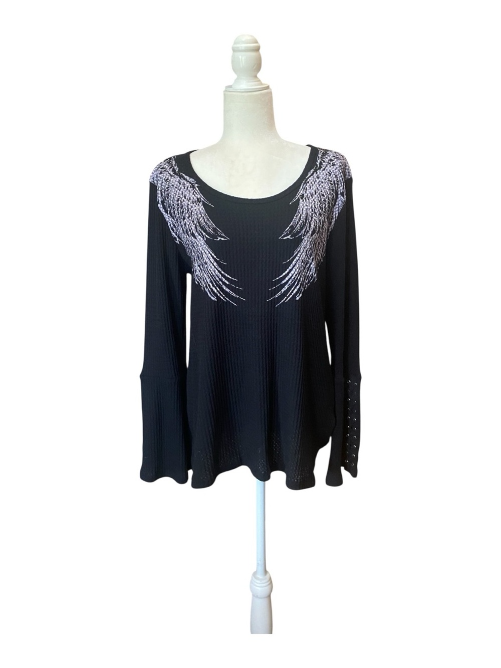 Vocal Womens Angel Wing Black Waffle Knit Top Shirt - Picture 5 of 9